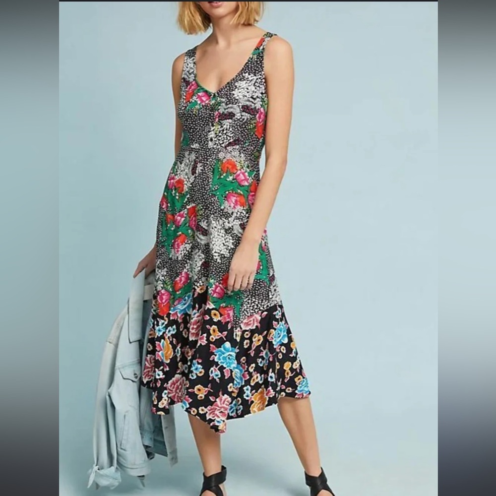 Anthropologie Dress Womens Sleeveless V-Neck Floral A-Line Asymmetric size 10